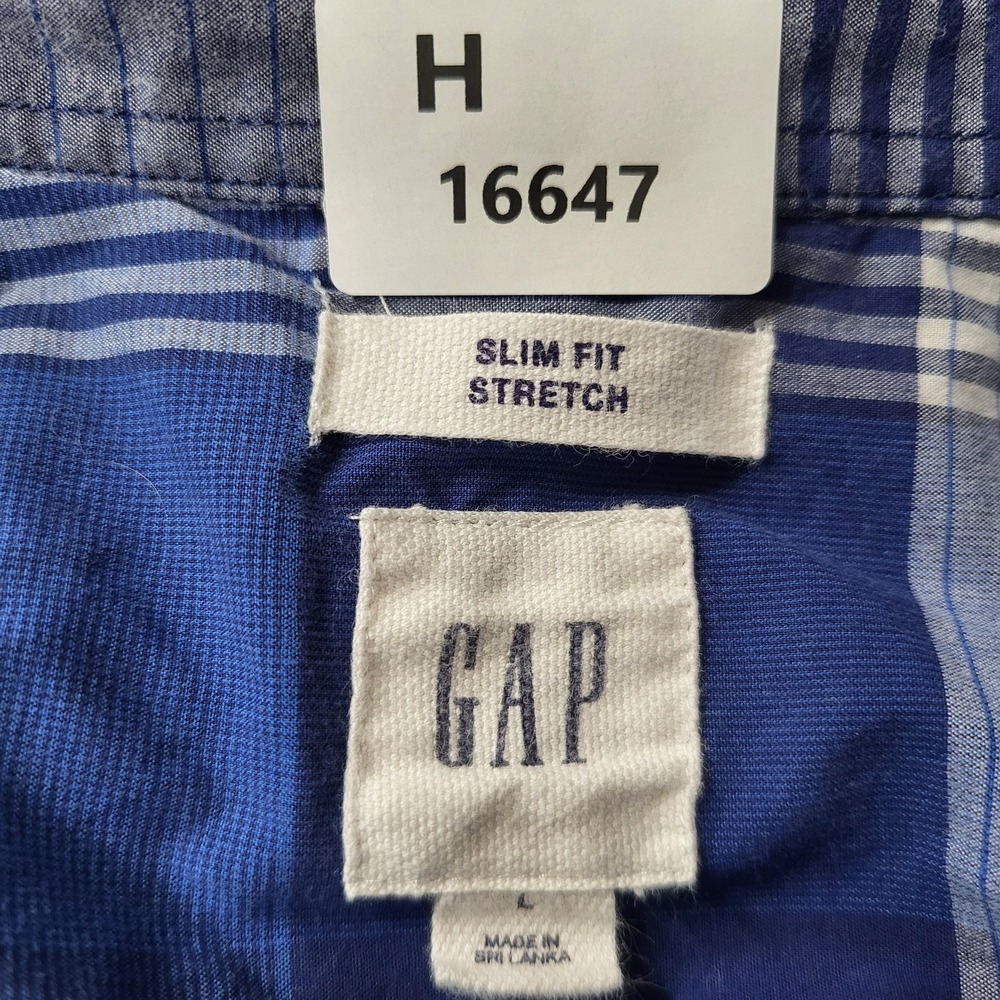 GAP Men Button Up Shirt L Blue Plaid‎ Long Sleeve Slim Stretch - Picture 2 of 9
